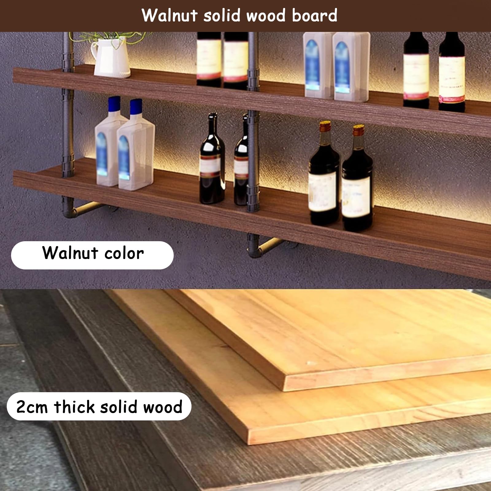 70.8in Wall Mounted Wine Rack with LED Light - 3 Tier Floating Shelf