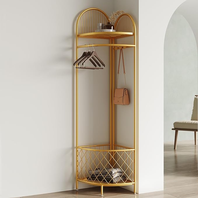 Corner Coat Rack with Storage and Hooks - Metal Hall Tree