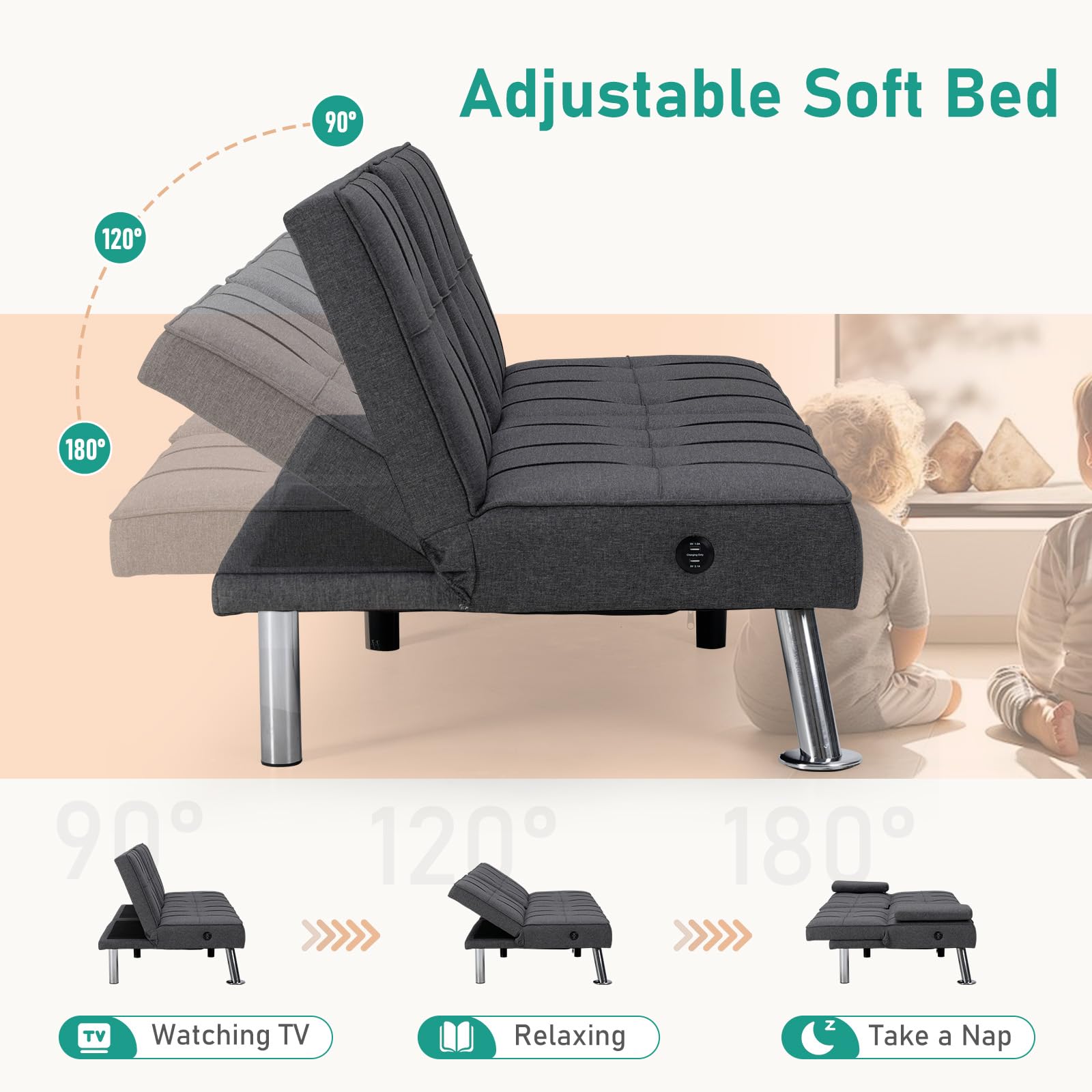 Futon Sofa Bed with Cup Holders and USB Charging Port
