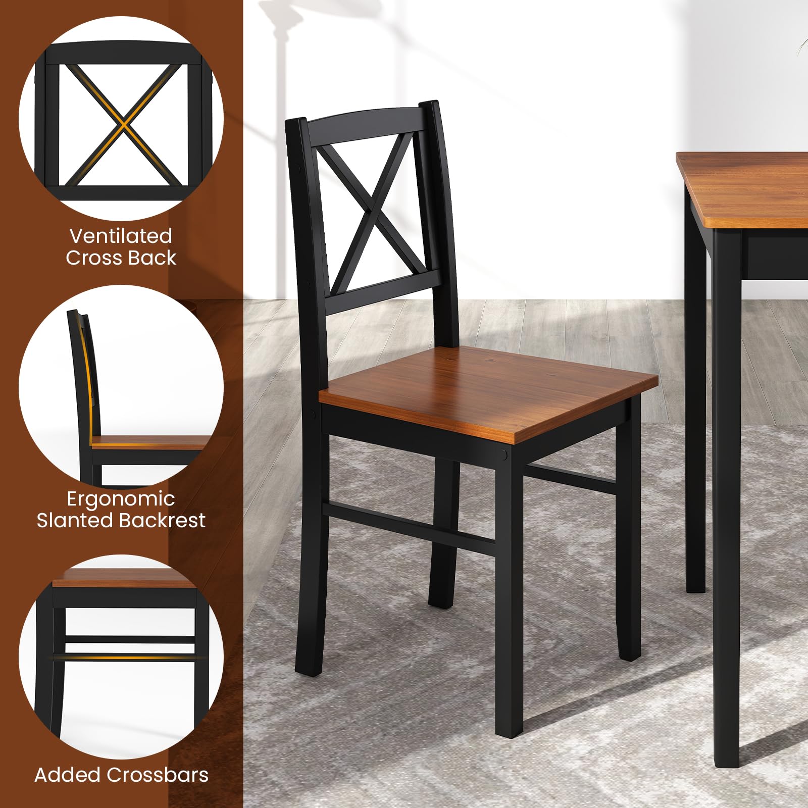 5-Piece Dining Table Set for 4 with Cross Backrest Chairs