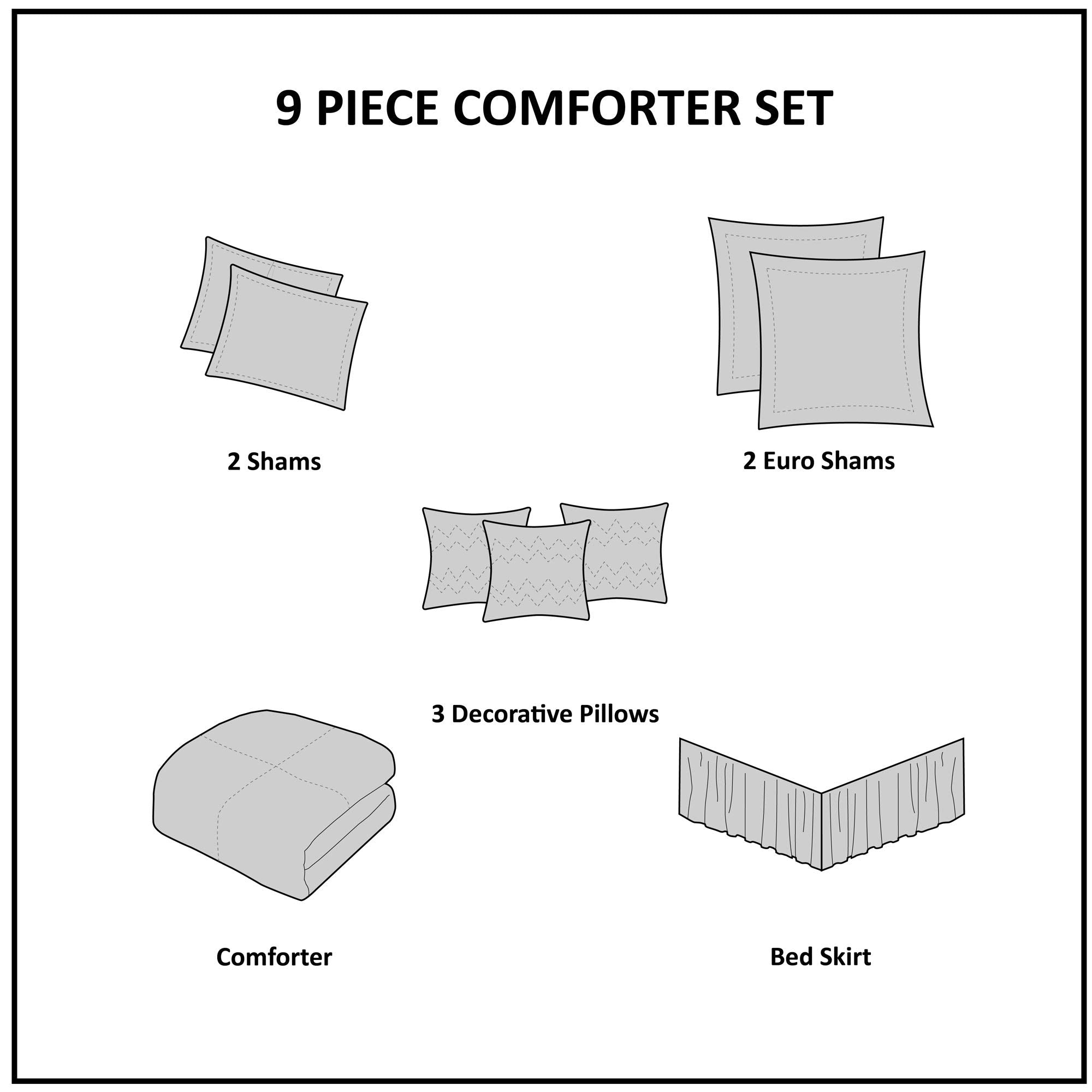 Queen Comforter Set 9 Piece - Blue Quilted Medallion Design with Bed Skirt