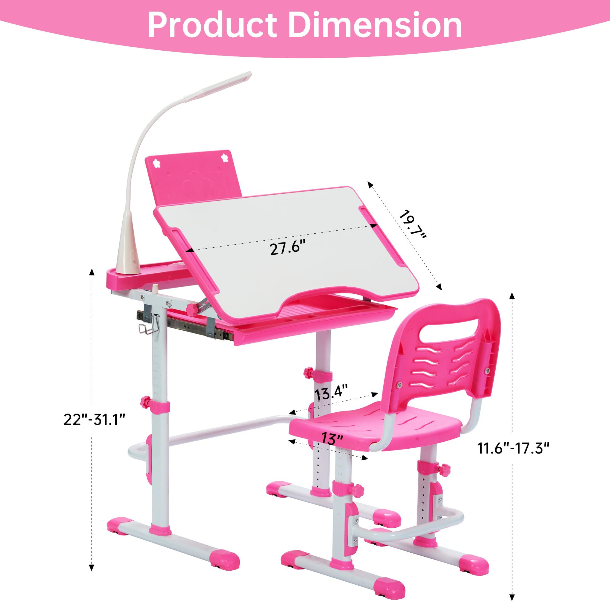 Kids Desk and Chair Set with Tilt Desktop and LED Light