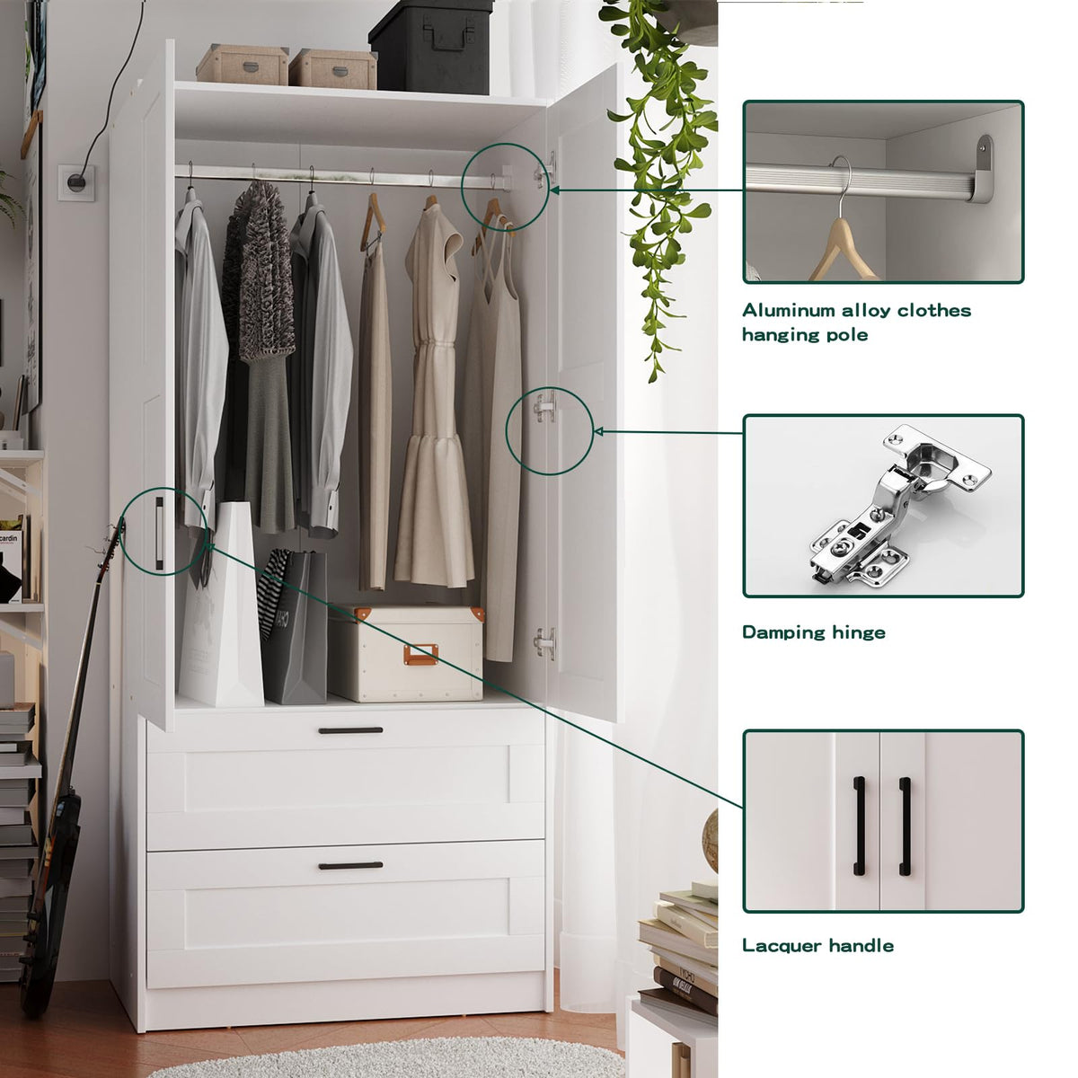 White Wardrobe Closet with 2 Doors and 2 Drawers