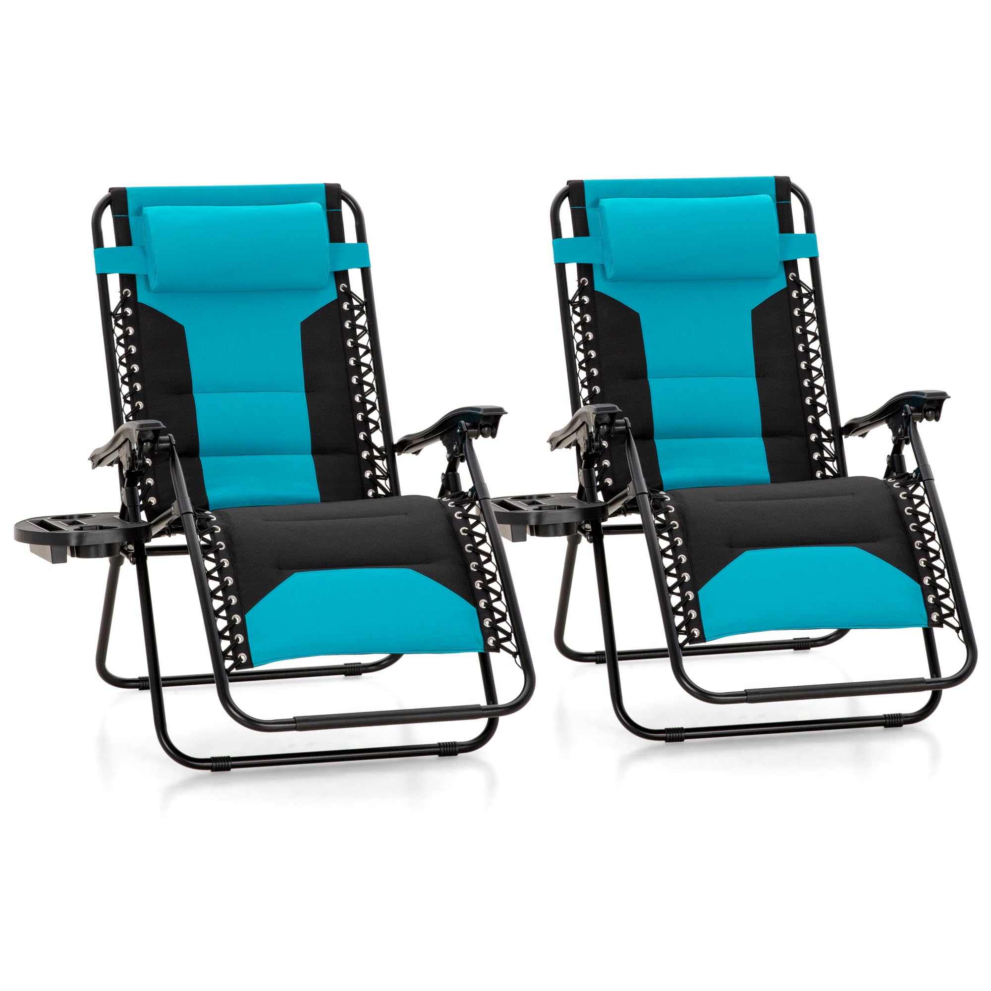 MFSTUDIO Padded Zero Gravity Chair Set of 2, Folding Patio Lounge Recliner with Adjustable Pillows & Cup Holder for Poolside Backyard, Support 400lbs(Pacific Blue)