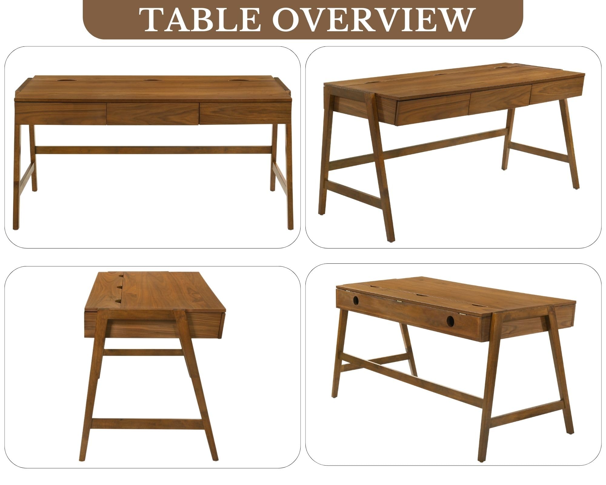 59-Inch Walnut Writing Desk with 3 Drawers