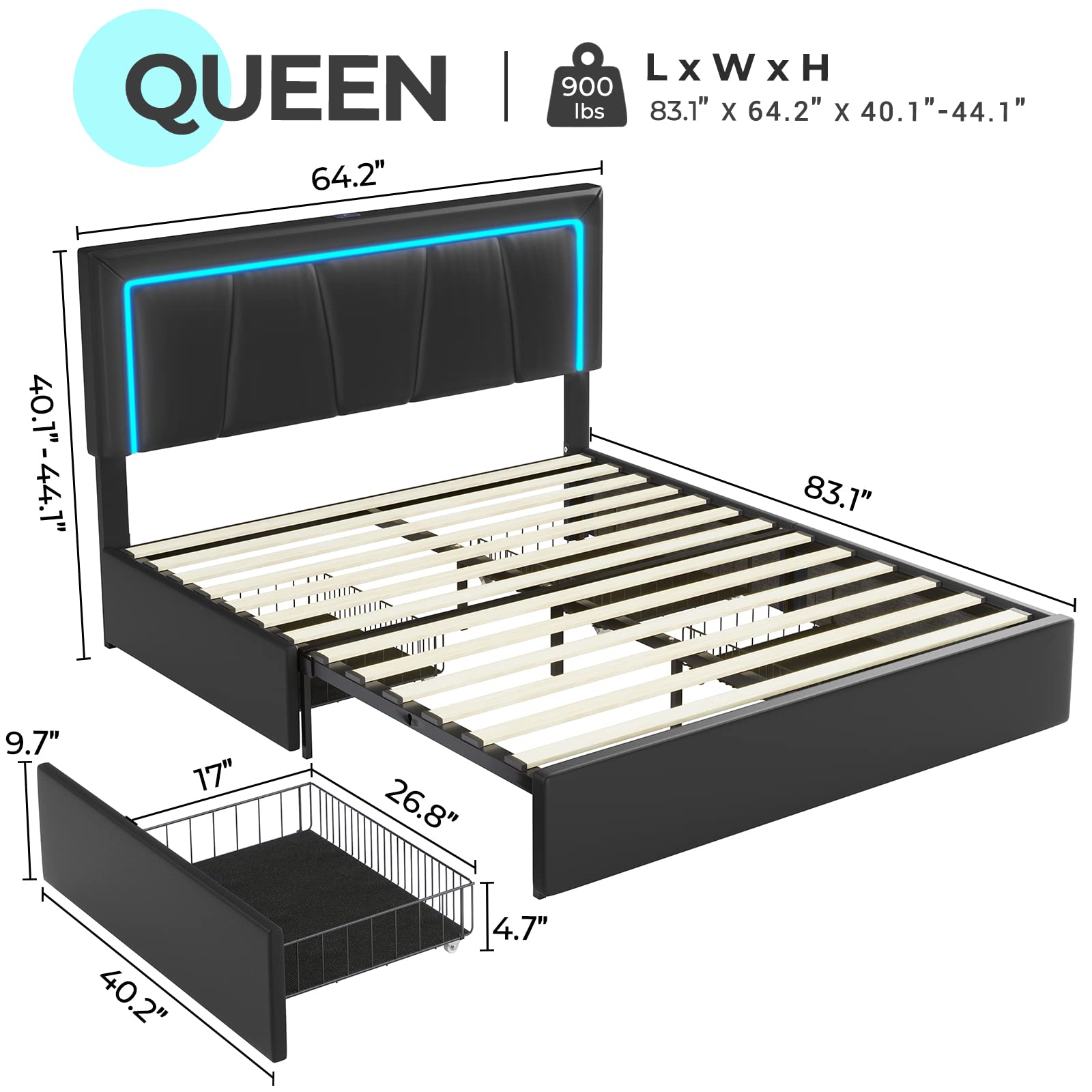 Queen Bed Frame with LED Headboard, Storage Drawers & Charging Station