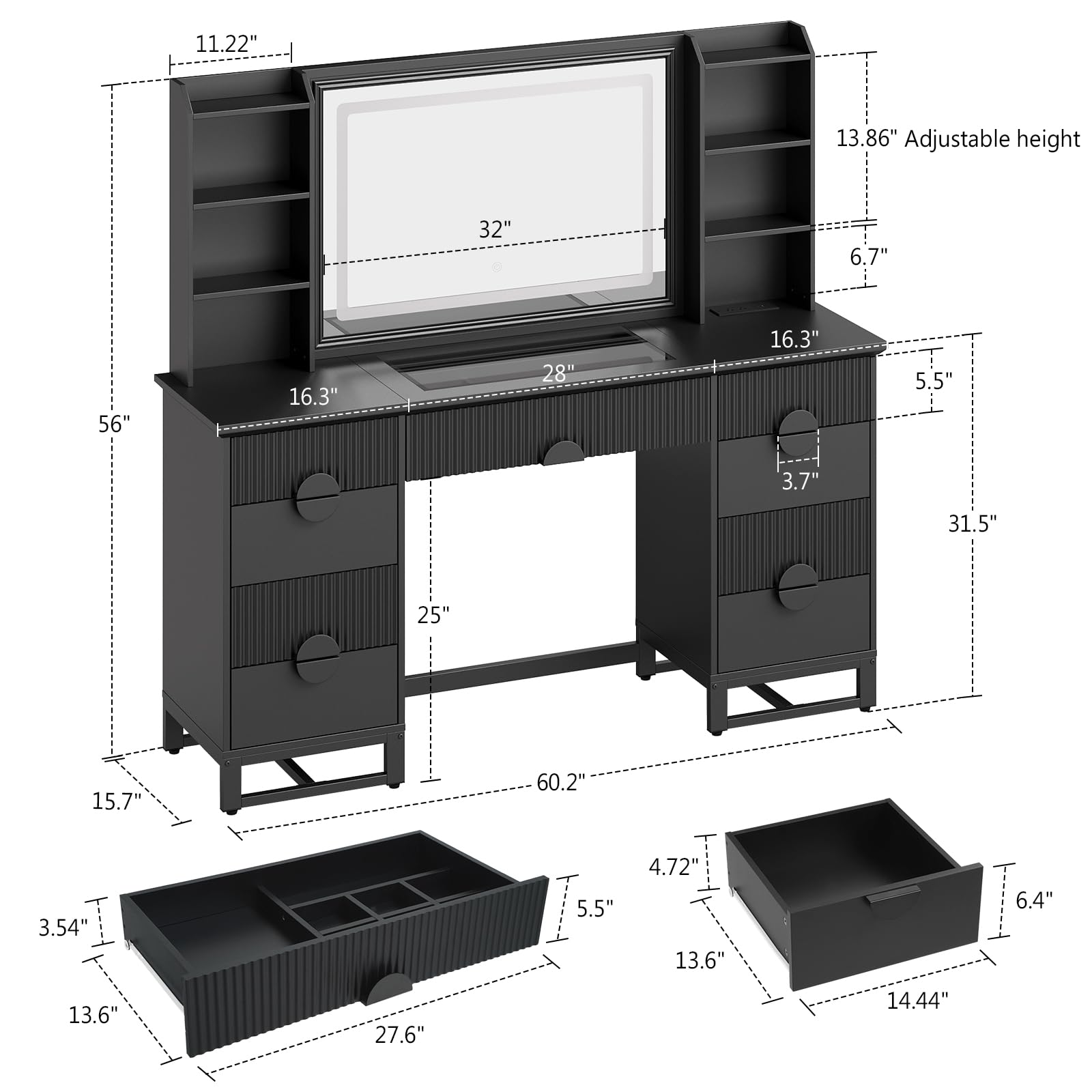 60" Fluted Vanity Desk with Mirror and Lights