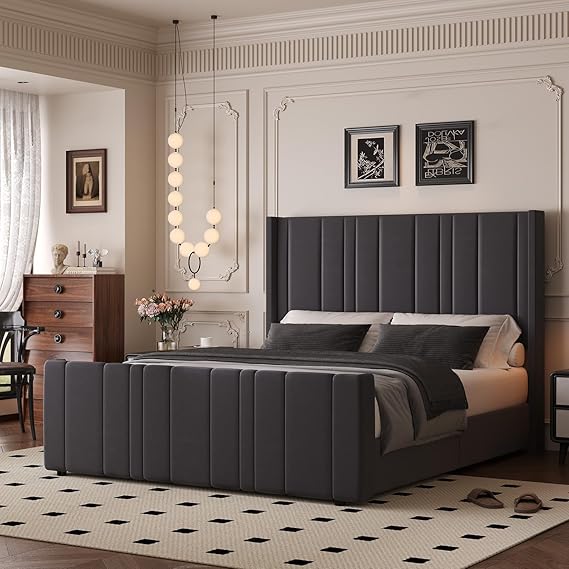 Pink Velvet Queen Bed Frame with Tufted Headboard