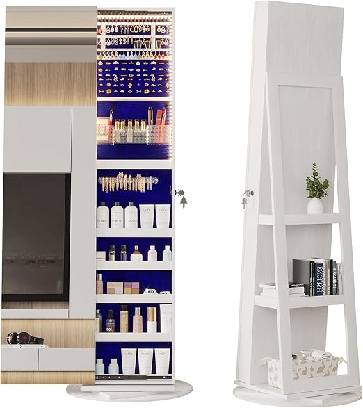 360° Rotating Full Length Mirror Jewelry Cabinet with LED Lighting