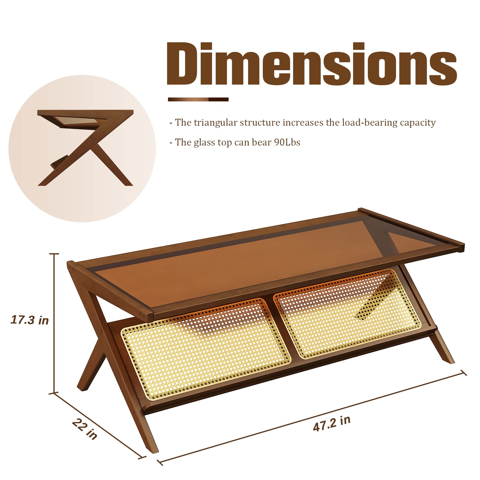 Mid-Century Modern Coffee Table with Glass Top and Rattan Storage