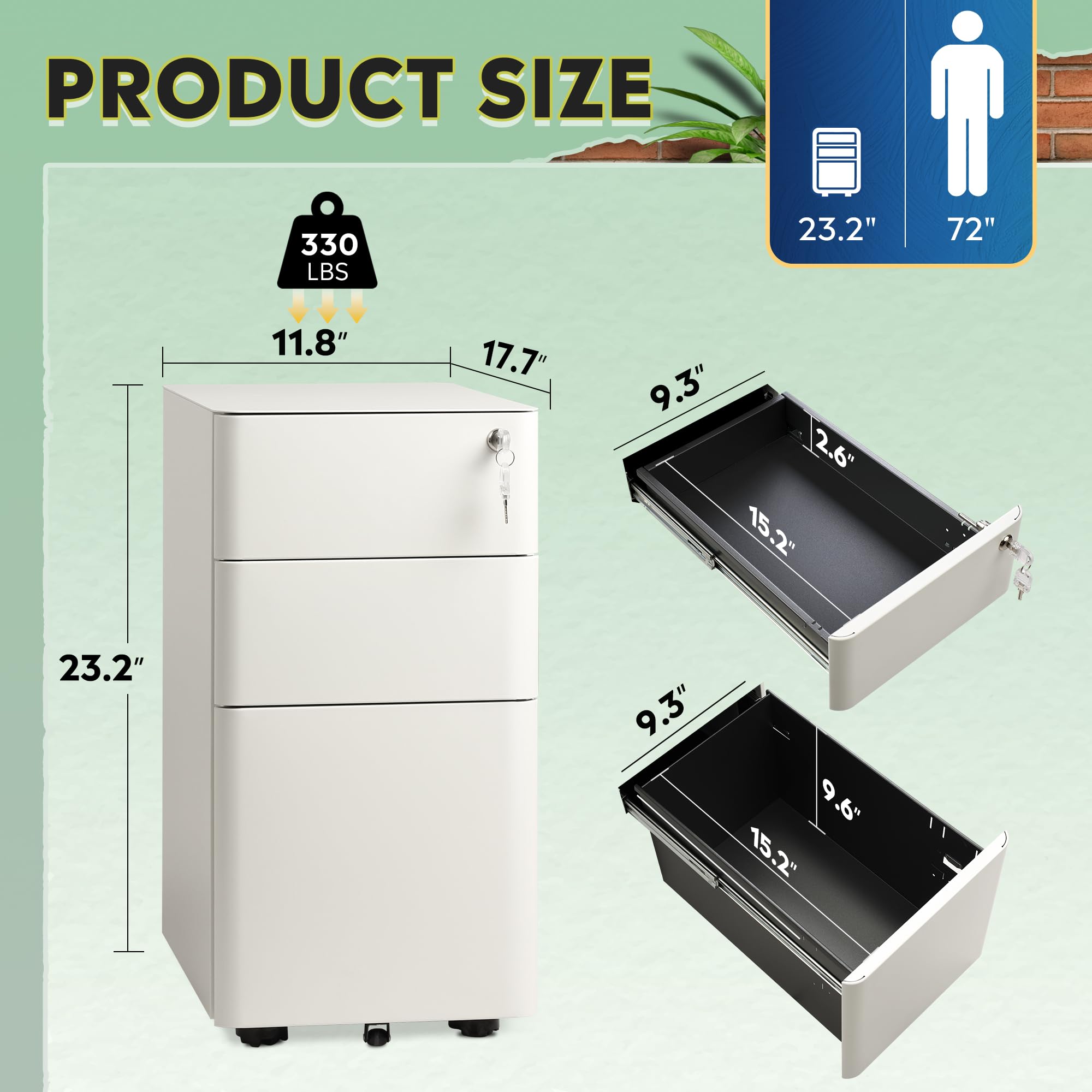3 Drawer Mobile File Cabinet with Lock