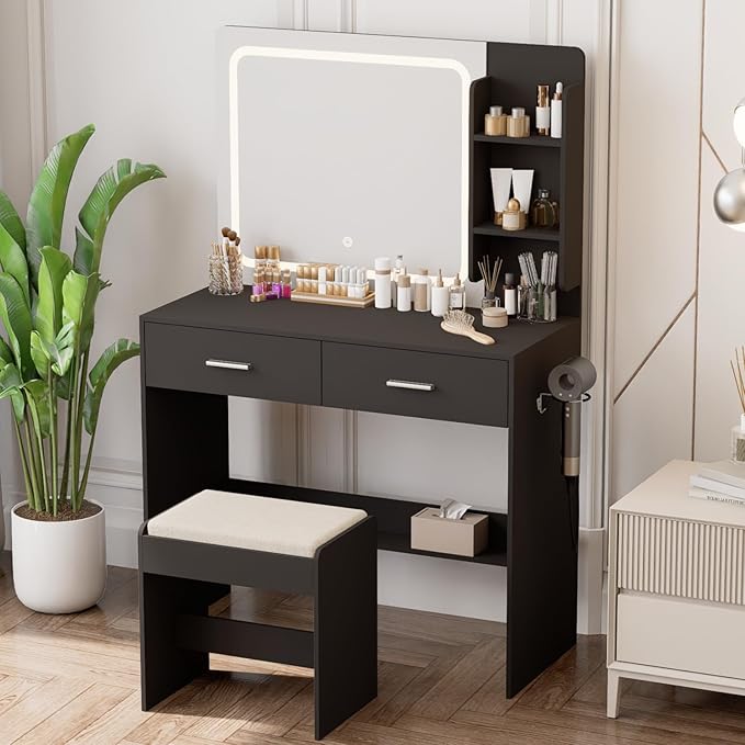 Lighted Makeup Vanity with Mirror and Storage
