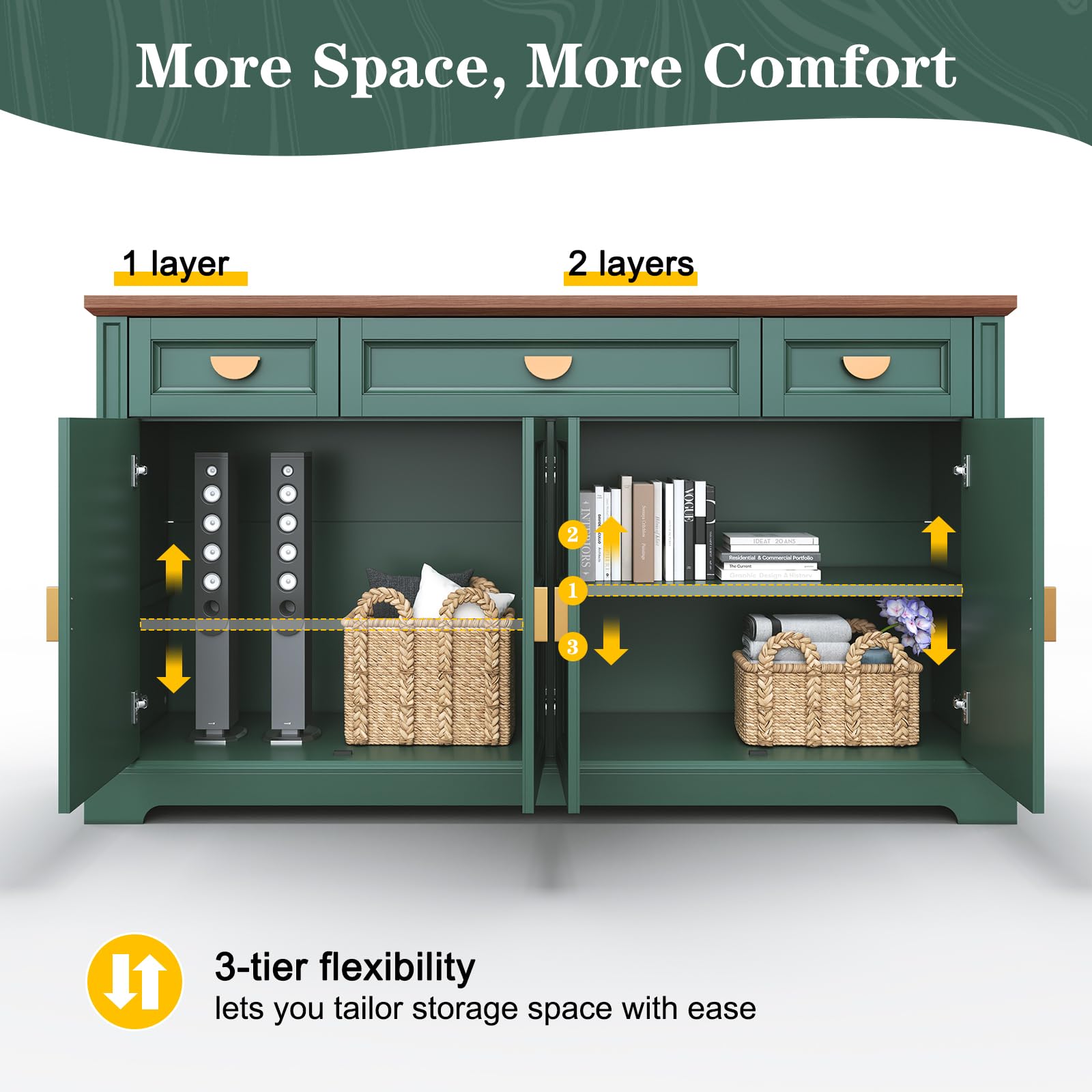 60" Shaker Buffet Sideboard Cabinet with 4 Doors and 3 Drawers