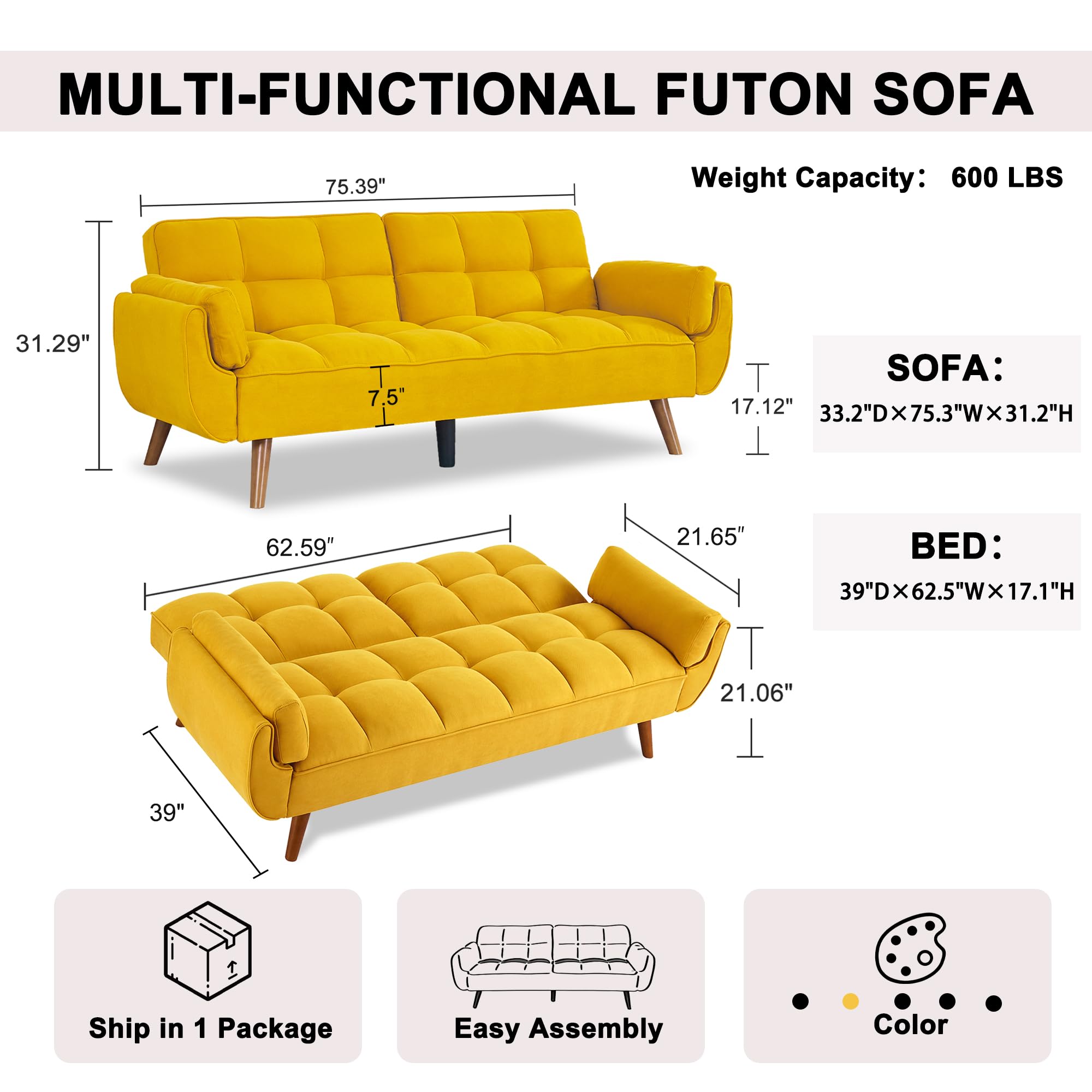 Convertible Futon Sofa Bed with Adjustable Backrest