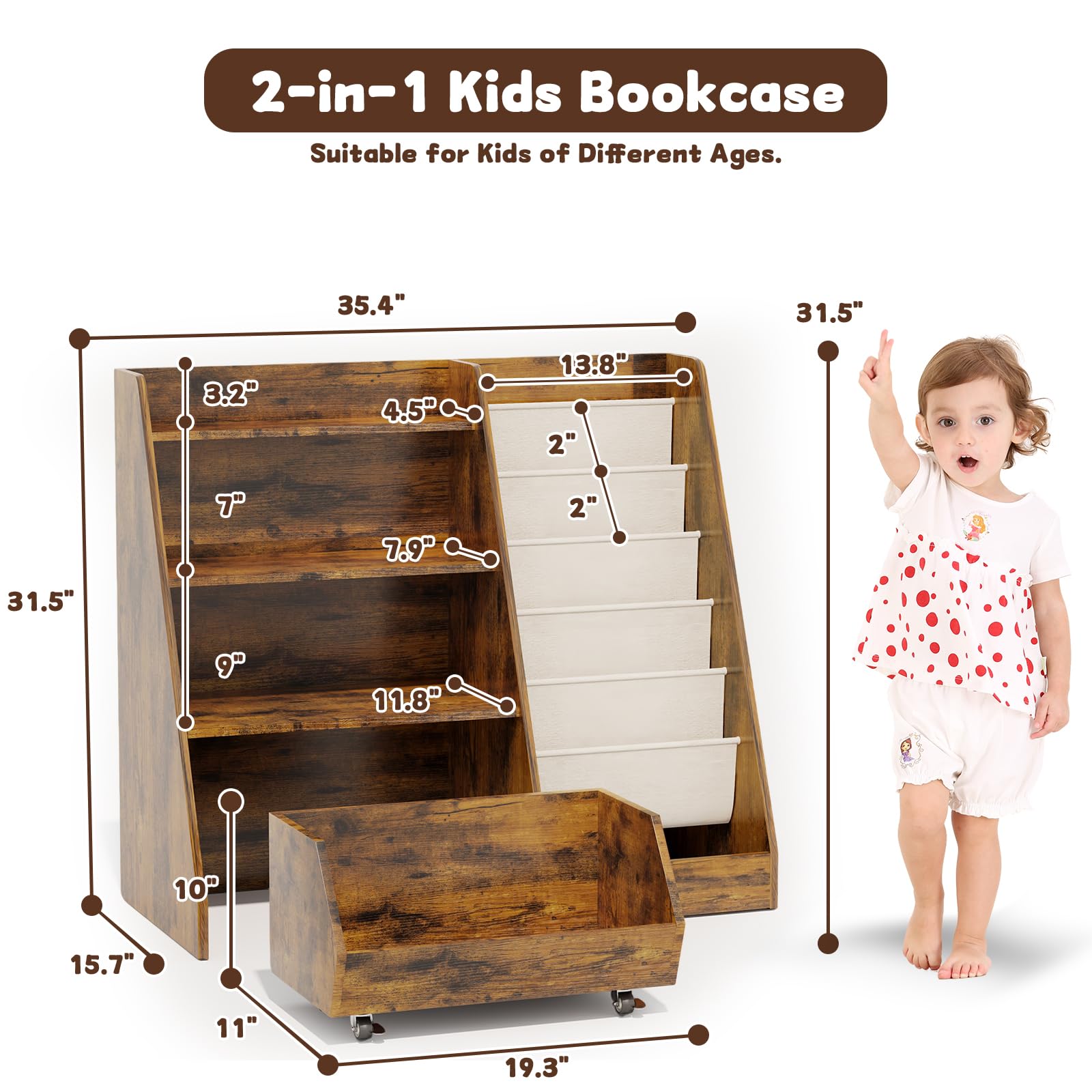 Kids Bookshelf and Toy Storage with Movable Drawer
