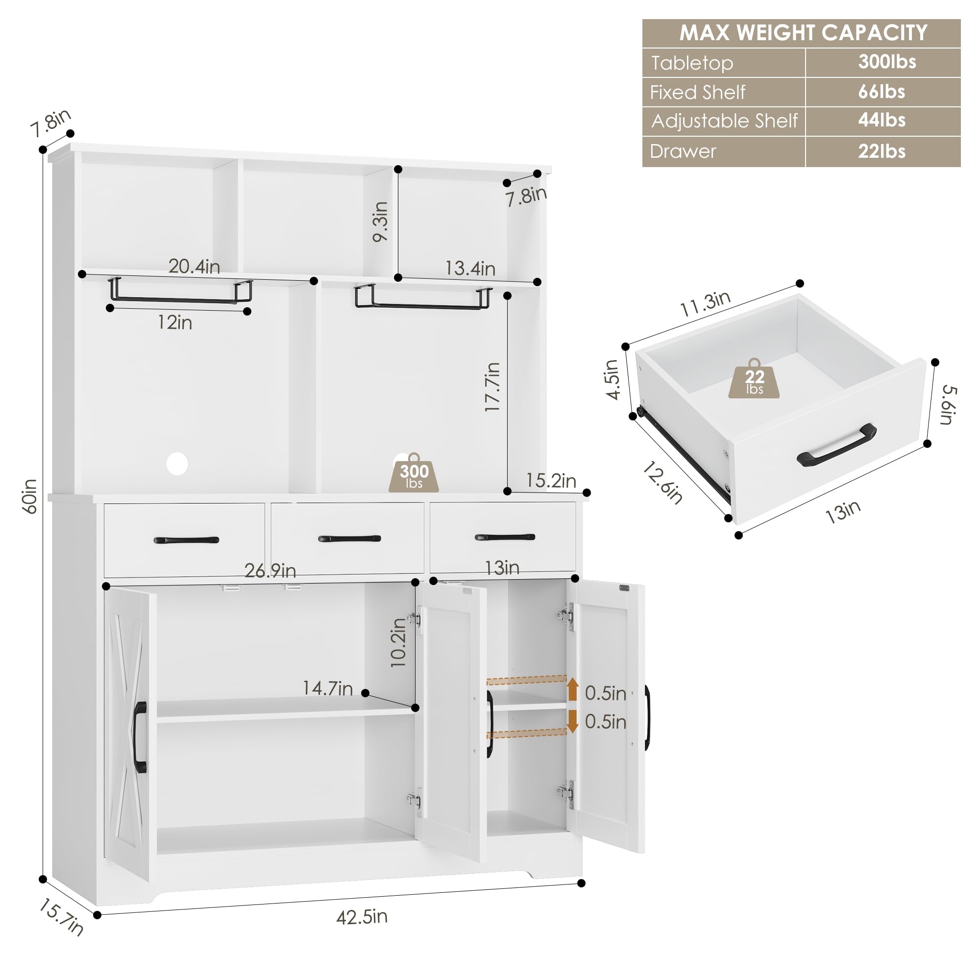 Buffet Cabinet with Hutch White Farmhouse Storage