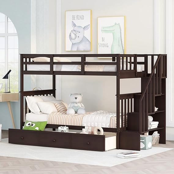 Twin Over Twin Bunk Bed with Trundle and Stairs