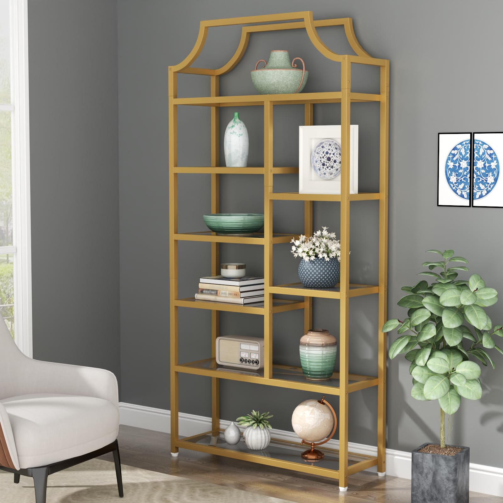 8-Tier Tempered Glass Bookshelf - Gold Metal Frame Etagere