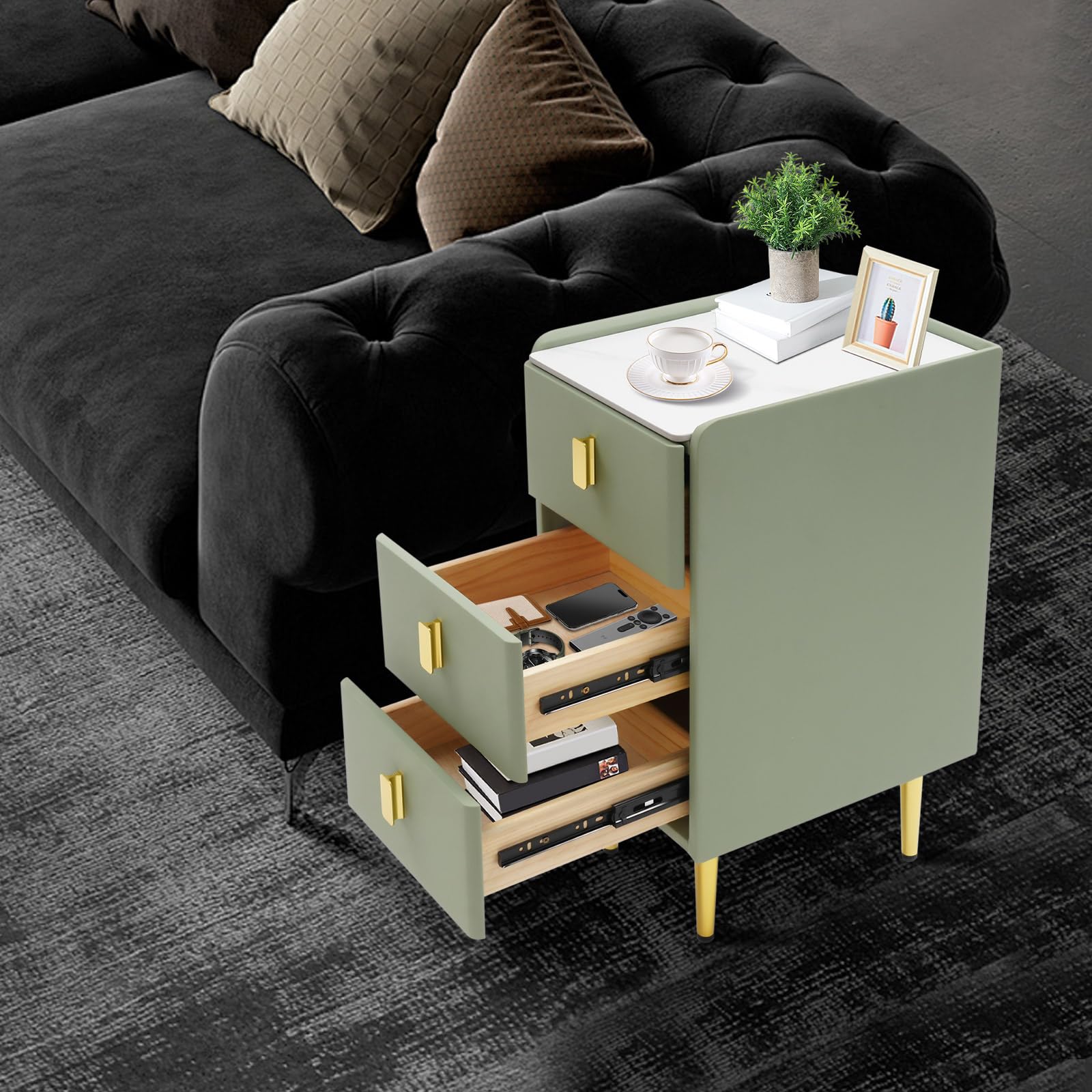Nightstand with Drawers and Metal Legs