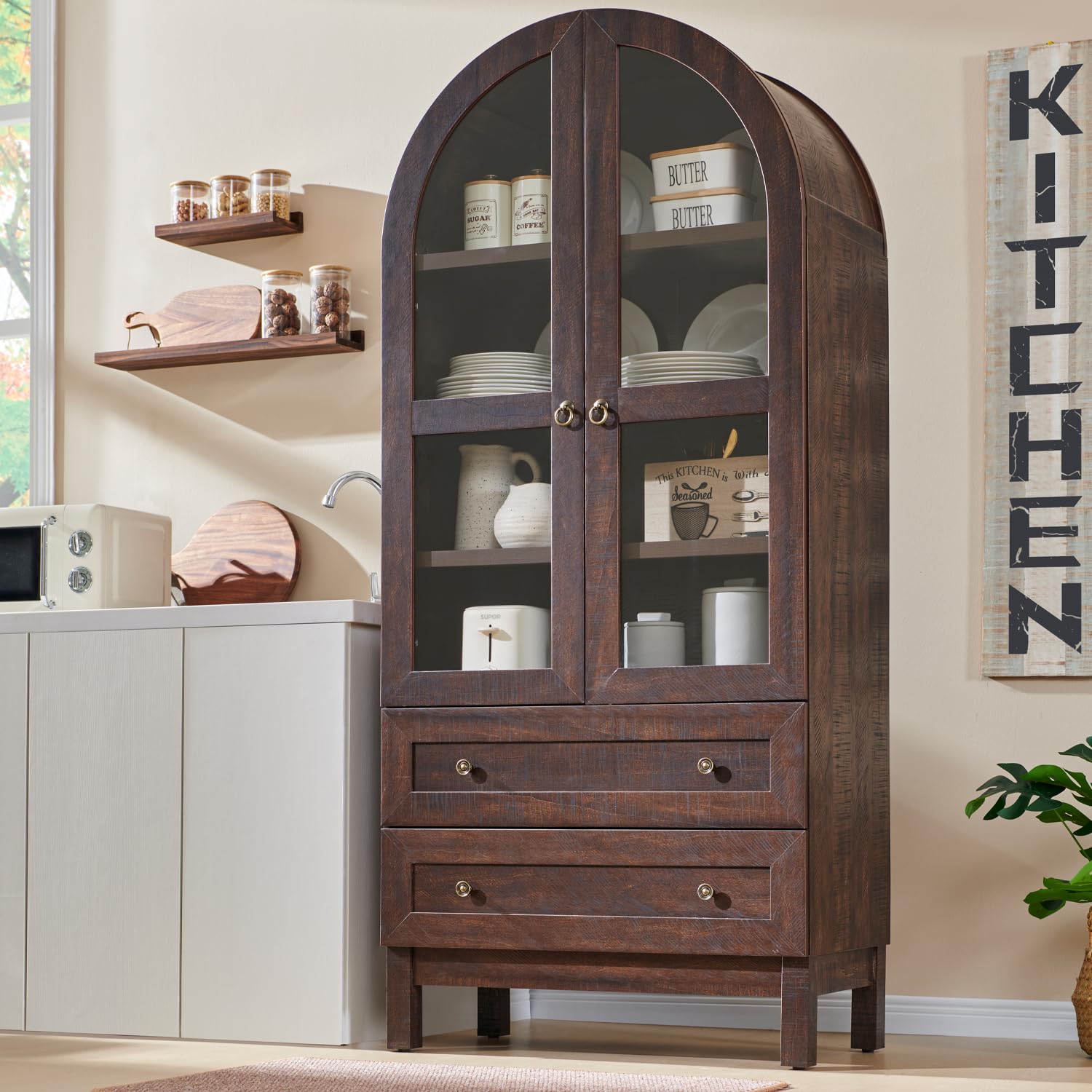 71" Tall Arched Kitchen Pantry Cabinet with Glass Doors and Drawers