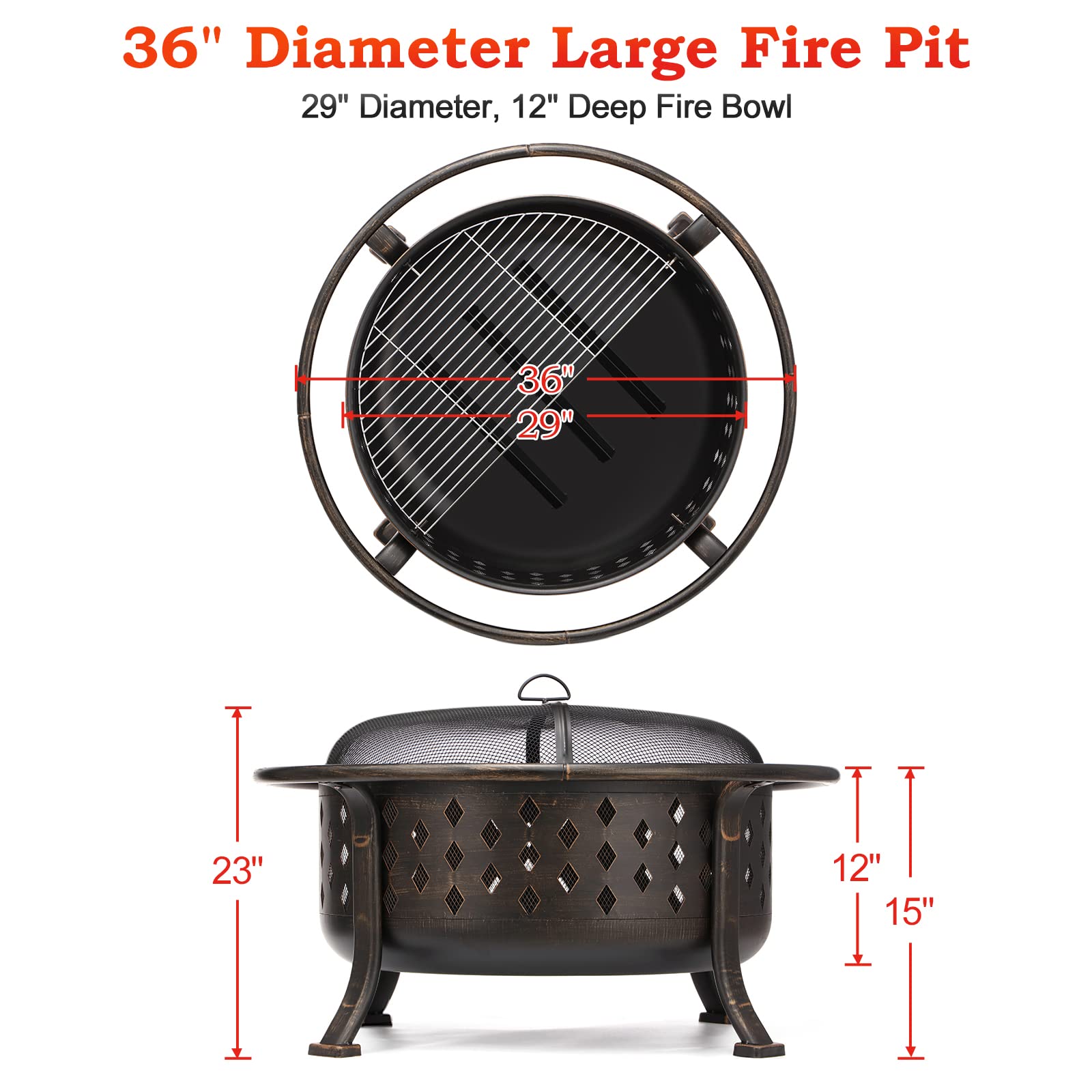 36 Inch Outdoor Wood Burning Fire Pit with BBQ Grate