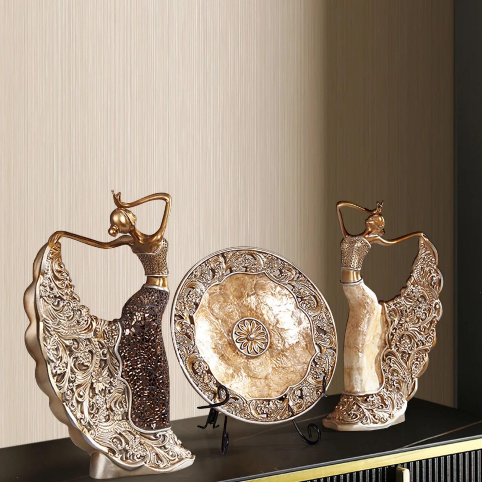 3-Piece Peacock Dancer Figurines Set - Vintage Resin Sculpture Ornaments