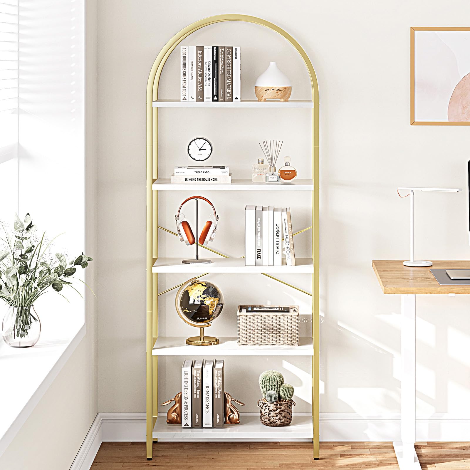 5-Tier Arched Bookshelf White Gold