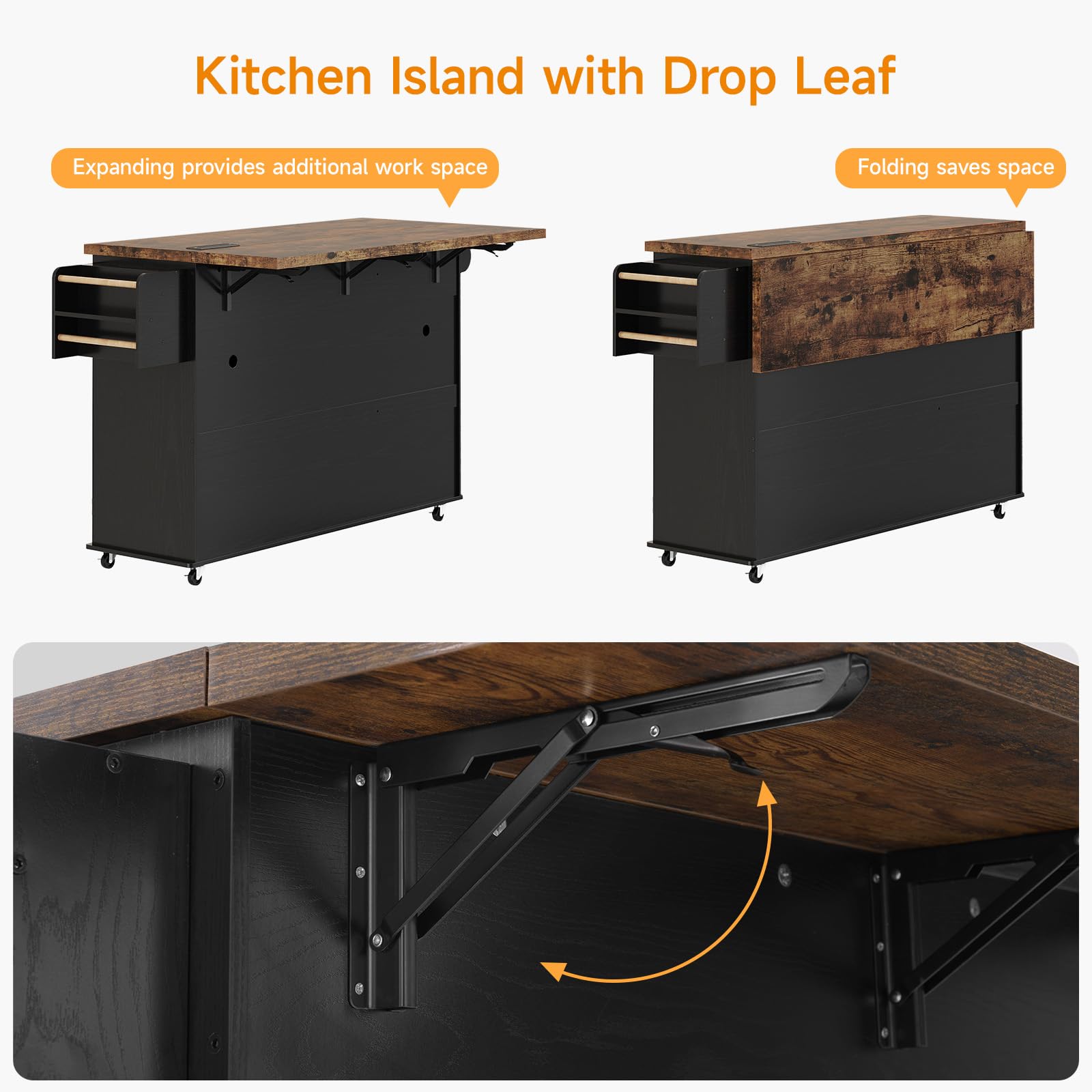 60" Large Kitchen Island Table on Wheels with Drop Leaf & Power Outlet