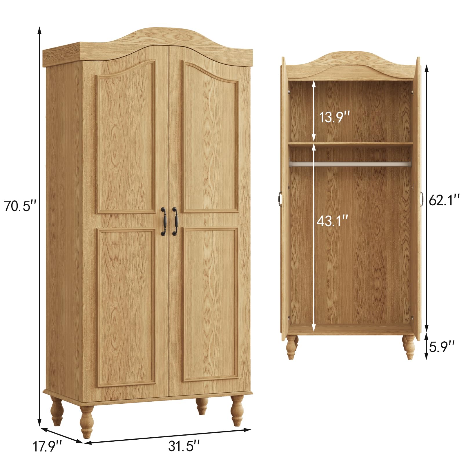 Arched Armoire Wardrobe Closet with 2 Doors and Hanging Rod