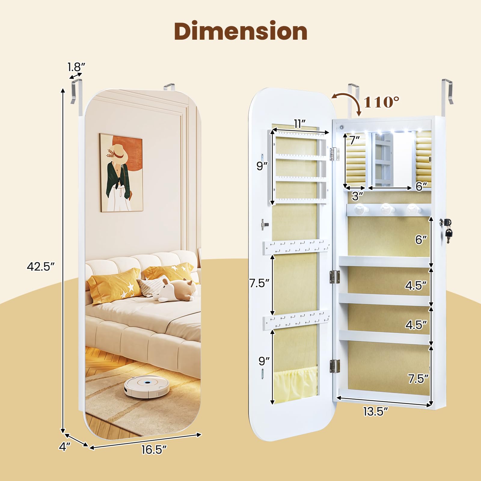 Wall Mounted Jewelry Cabinet with Full Length Mirror