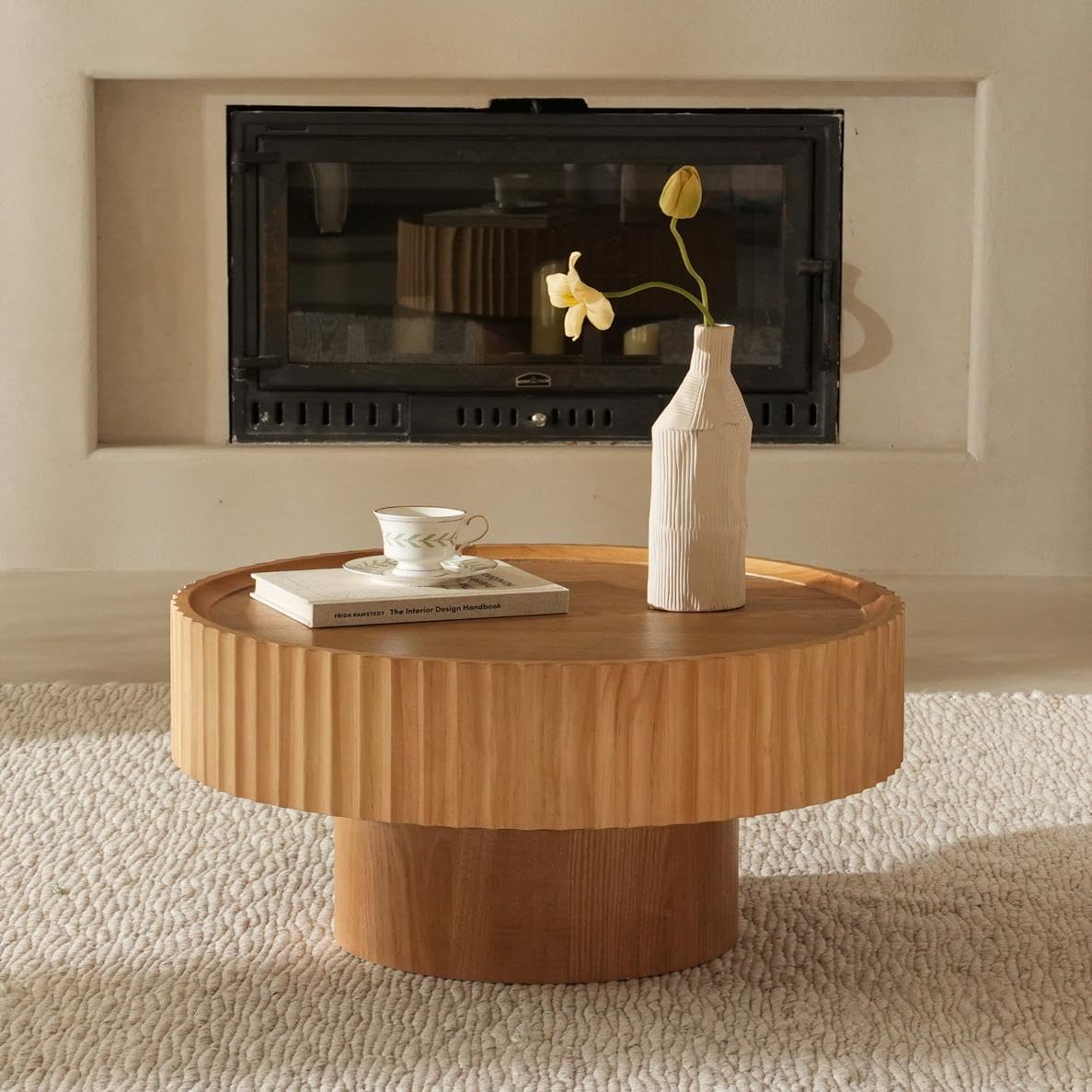 Round Fluted Drum Coffee Table with Storage