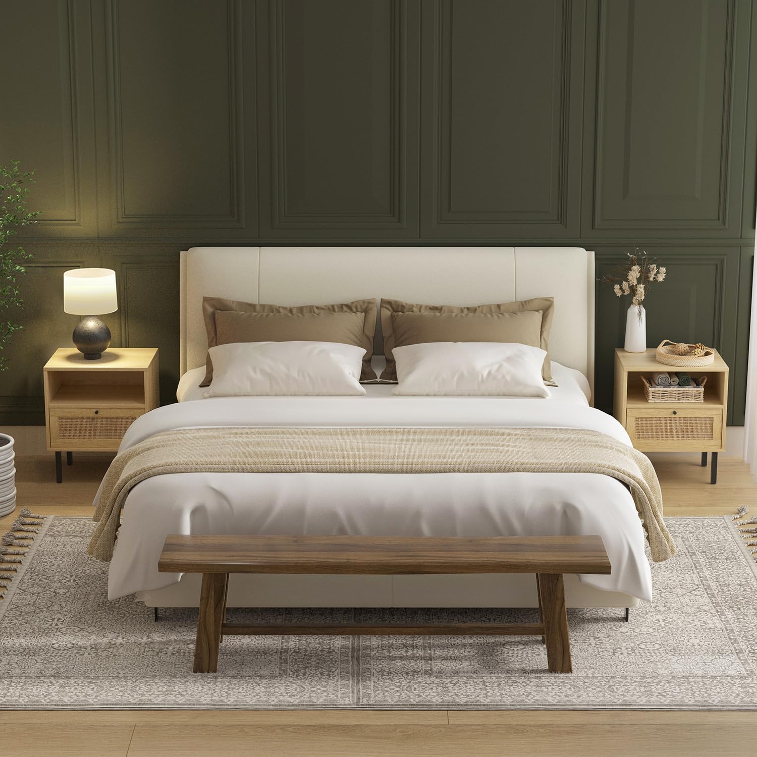 Rattan Nightstands Set of 2 with Door and Open Shelf