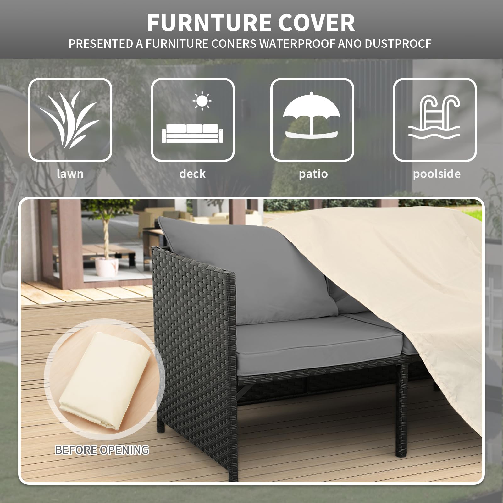3-Piece Outdoor Rattan Conversation Set with Gray Cushions