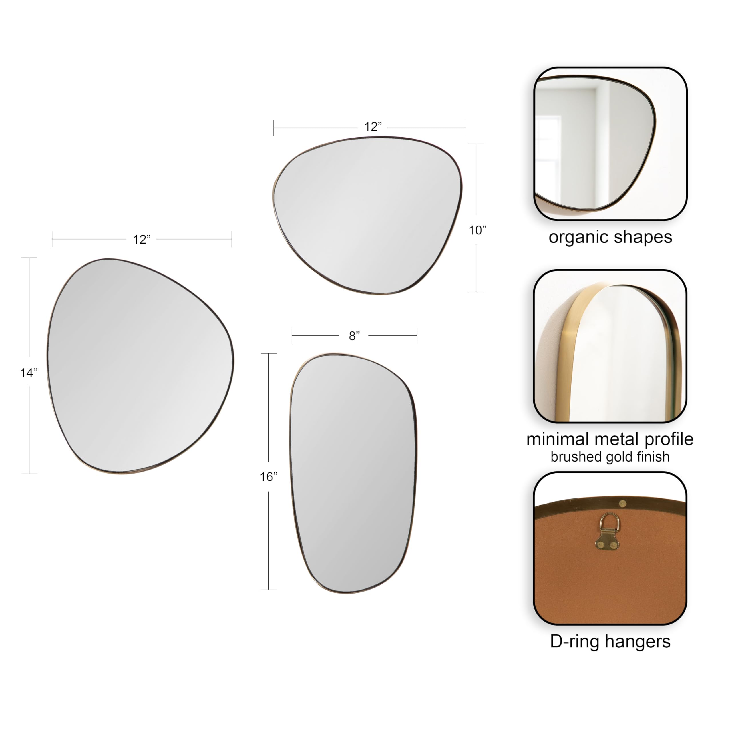 Modern Irregular Metal Wall Mirror Set - 3 Piece Gold Asymmetric Mirrors