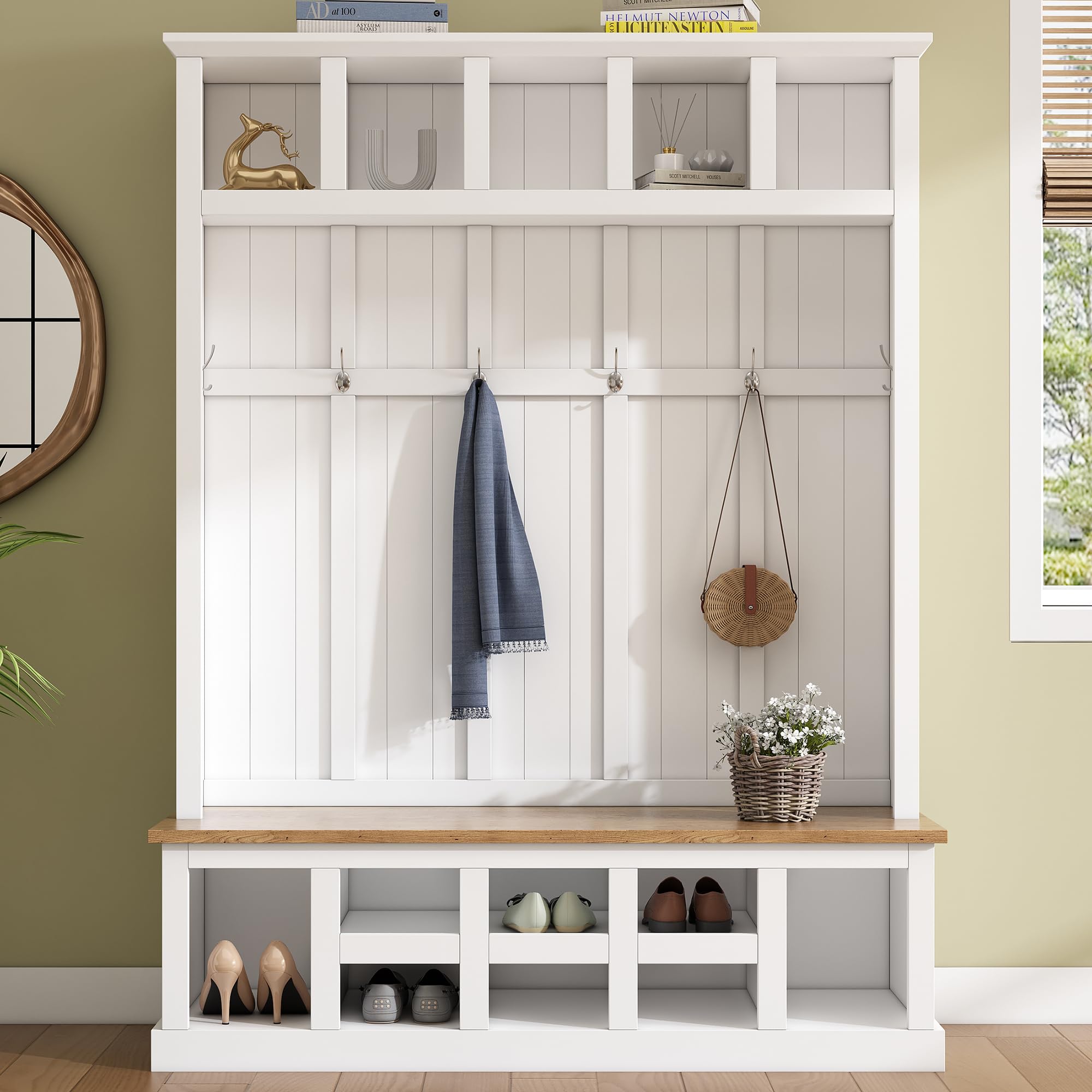 Farmhouse Hall Tree with Bench and Shoe Storage