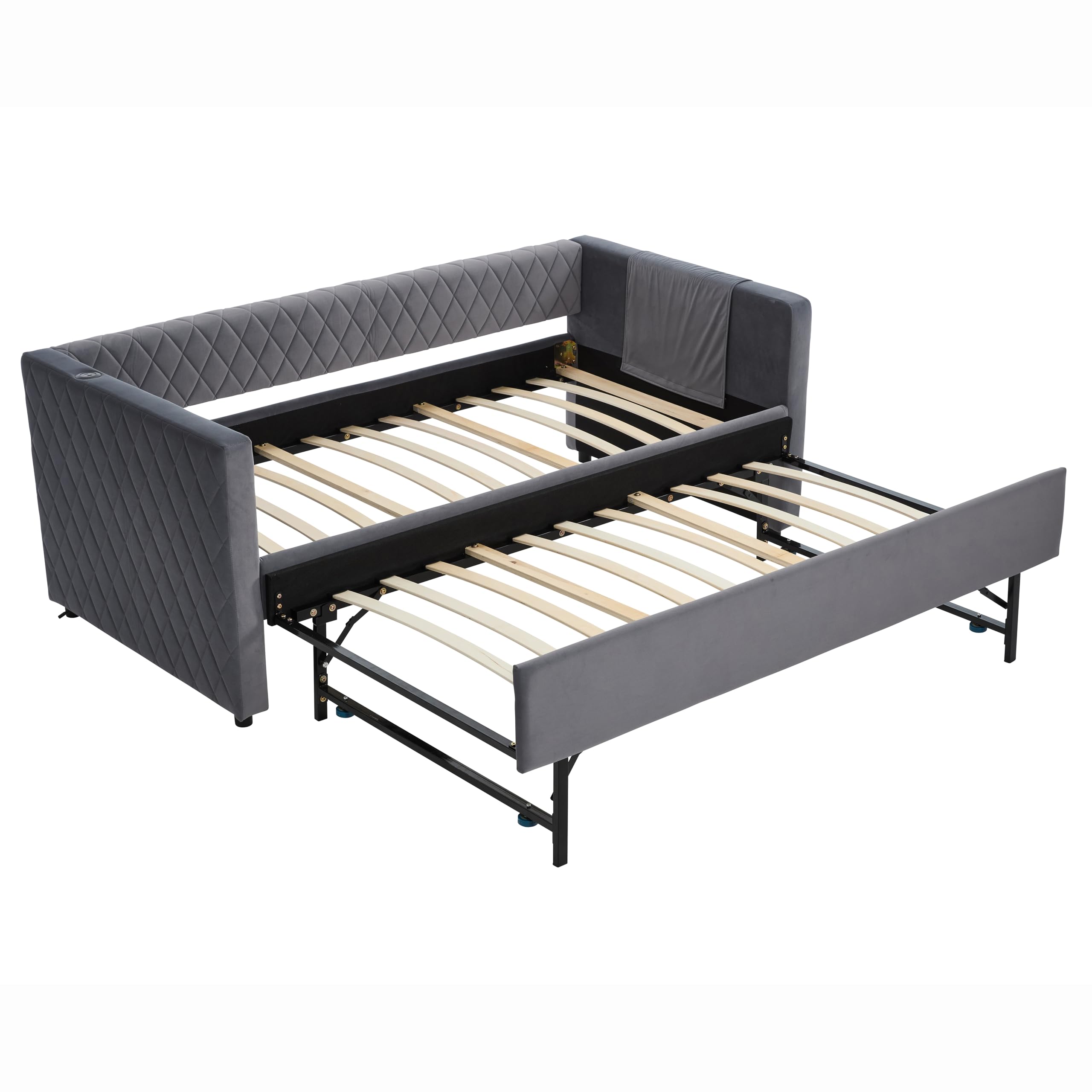 Twin Size Upholstered Daybed with Trundle and Charging Station