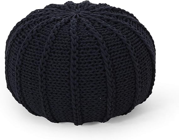 Modern Knitted Cotton Round Pouf Dark Blue