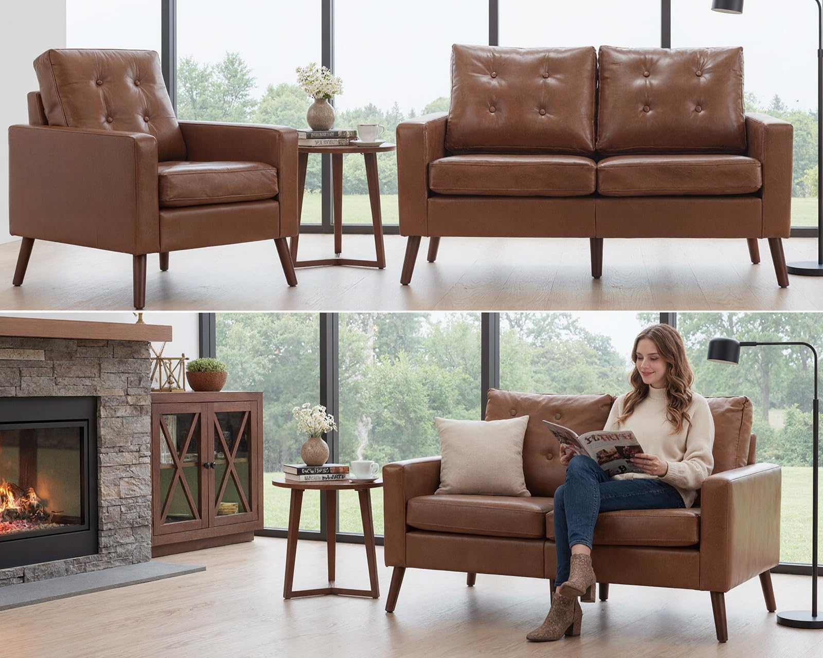 HNY Mid Century Modern Armchair, Button Tufted Faux Leather Accent Chair with Armrests, Upholstered Club Chair for Living Room, Bedroom & Office, Caramel Brown