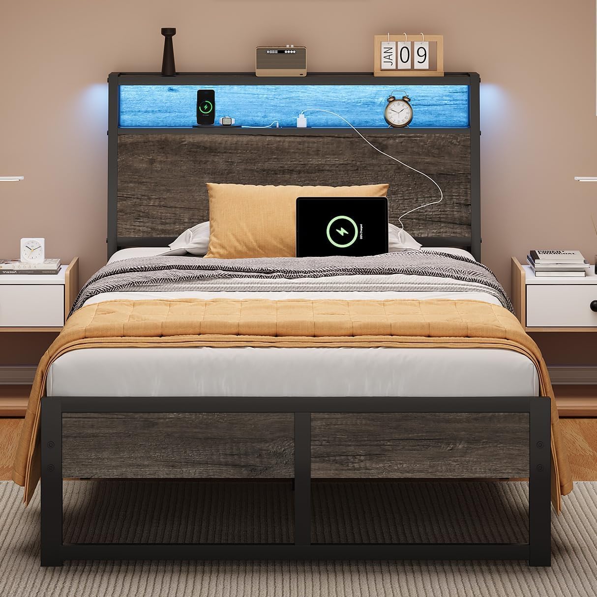 Twin Metal Bed Frame with LED Lights and Charging Station