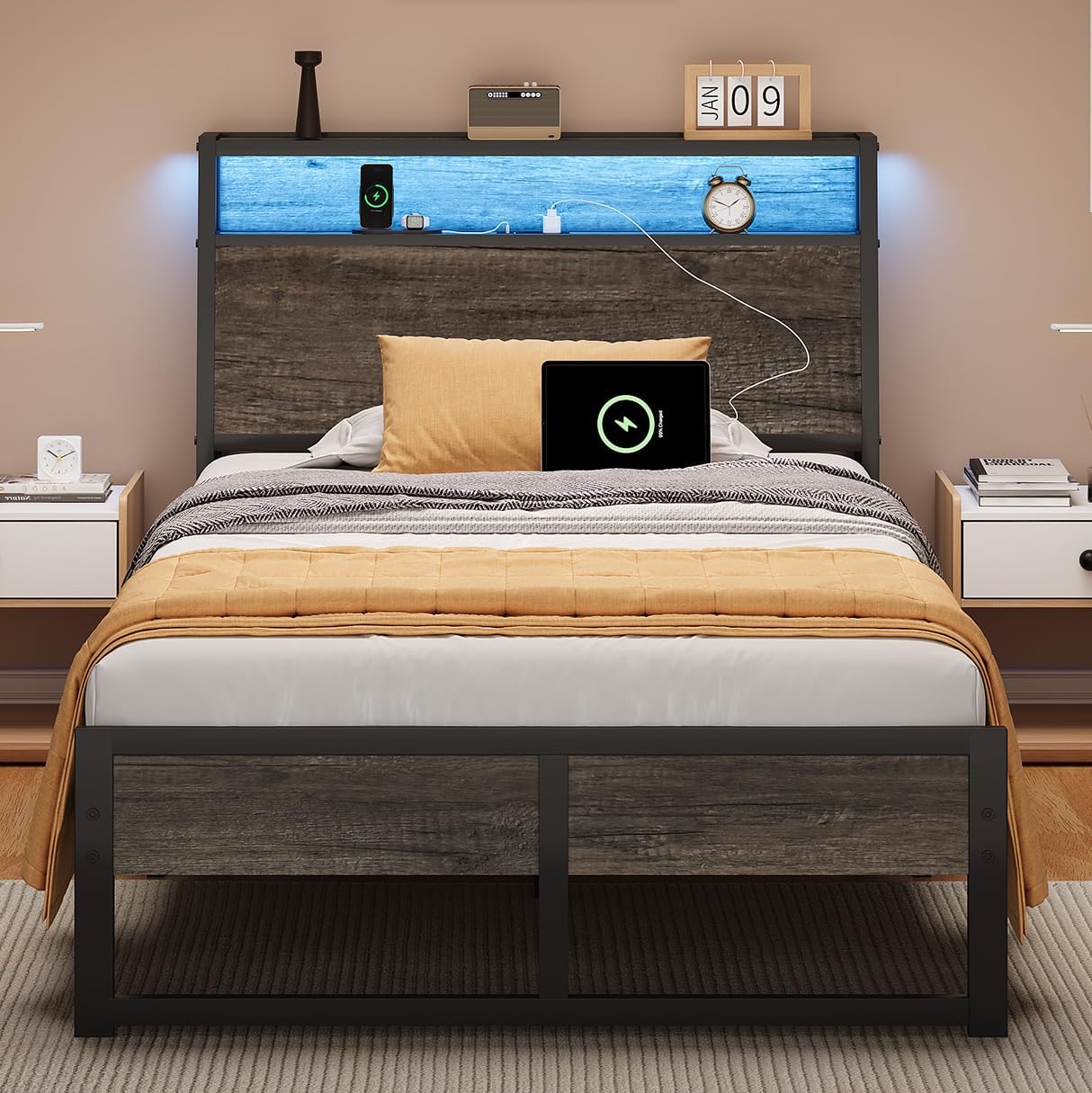 Twin Metal Bed Frame with LED Lights and Charging Station