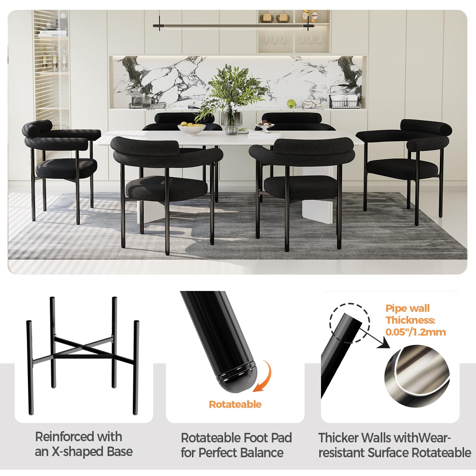 Modern Black Boucle Dining Chairs Set of 4 with Arms