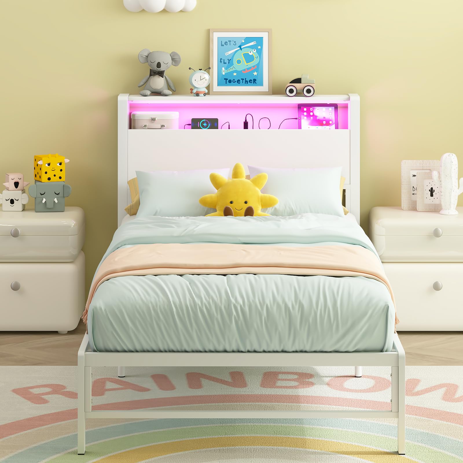 Twin Bed Frame with Storage Shelves and LED Lights
