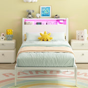 Twin Bed Frame with Storage Shelves and LED Lights