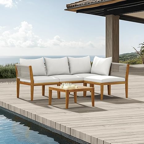 5 Piece Acacia Wood Patio Conversation Set with Waterproof Cushions