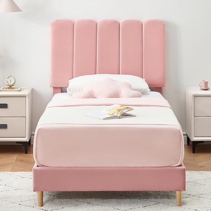 Twin Boucle Upholstered Platform Bed with Wave Headboard