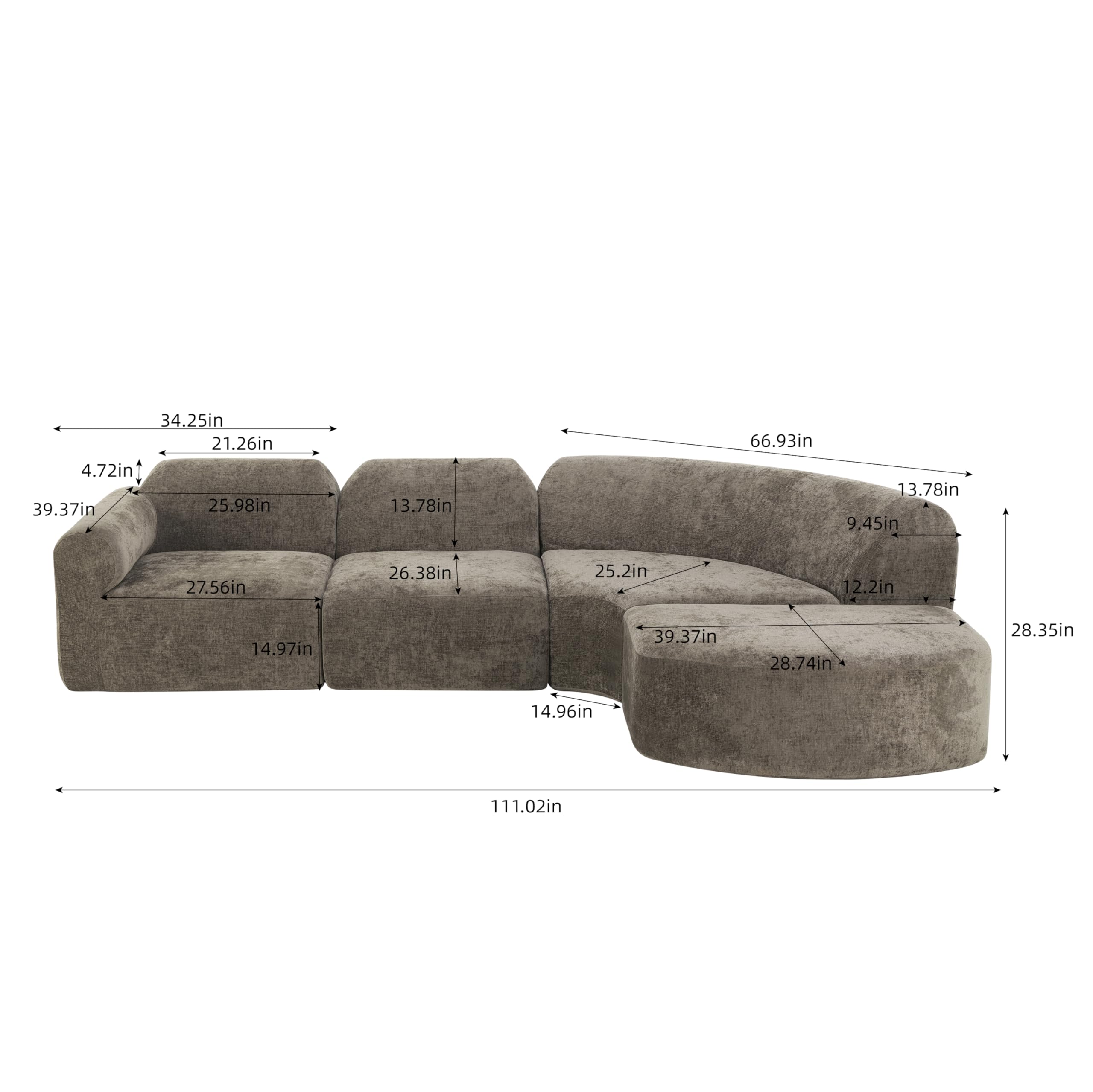 Modern Curved Sectional Sofa with Ottoman - 4 Piece Set