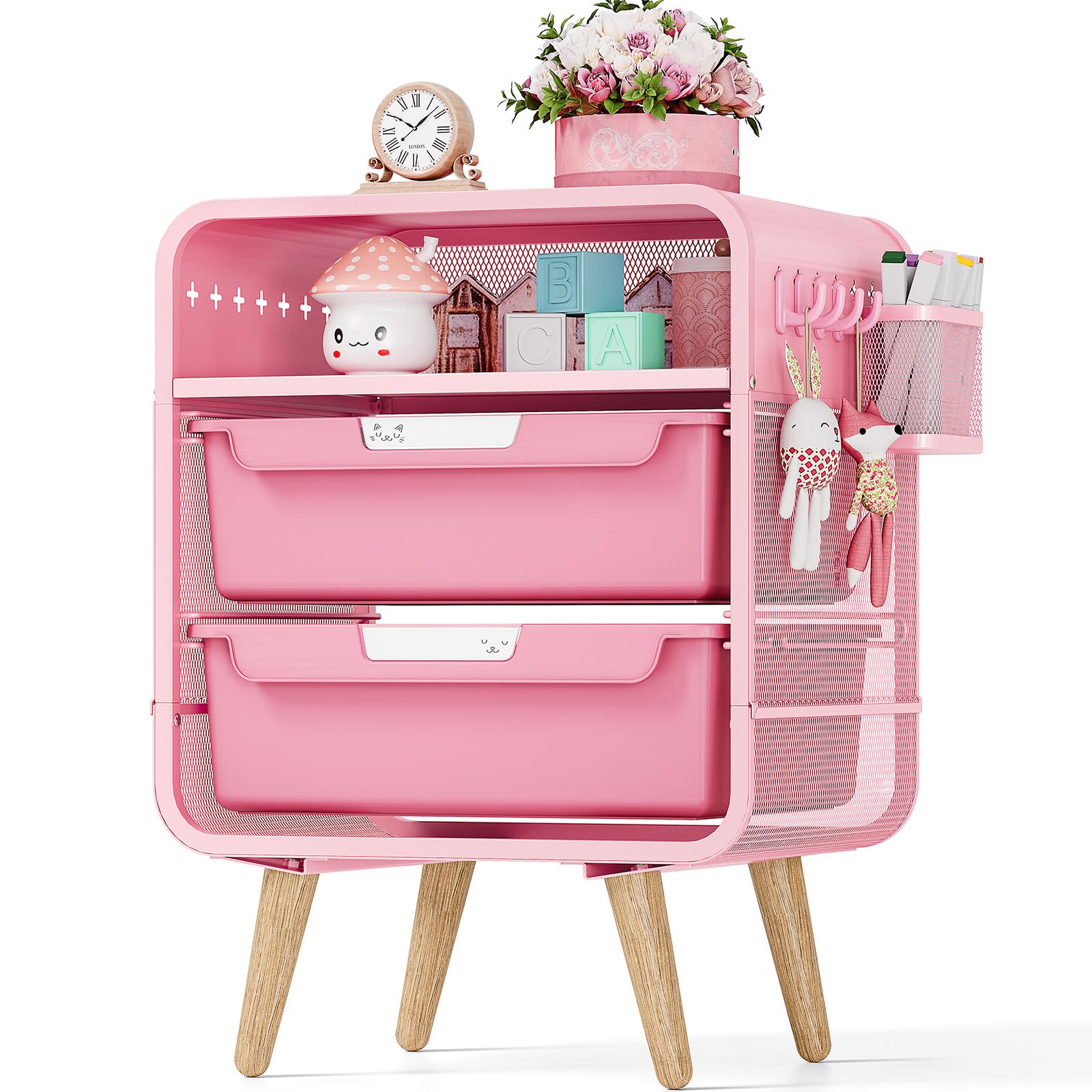 Pink Kids Nightstand with Storage Drawers