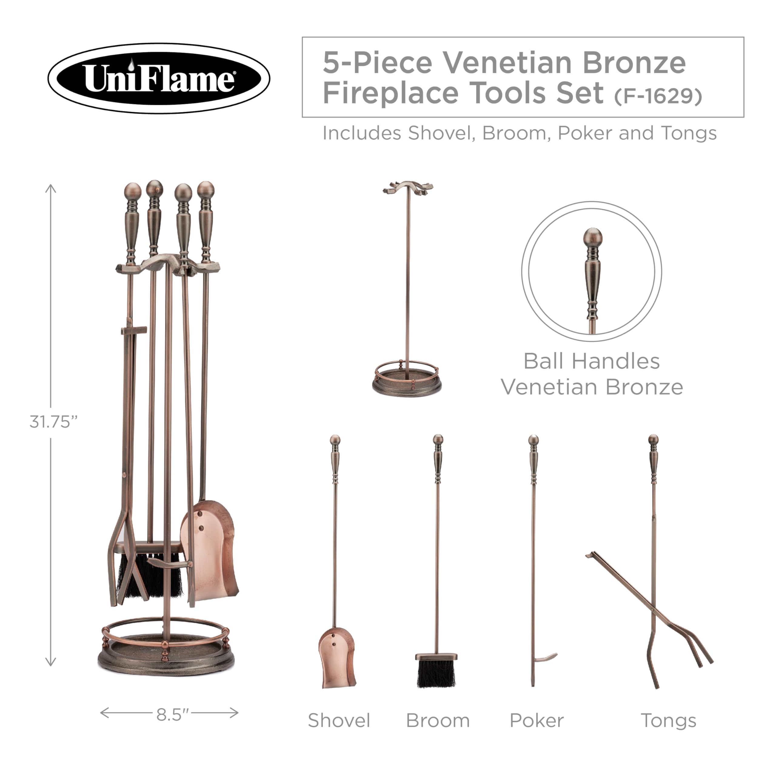 5-Piece Venetian Bronze Fireplace Tool Set with Ball Handles