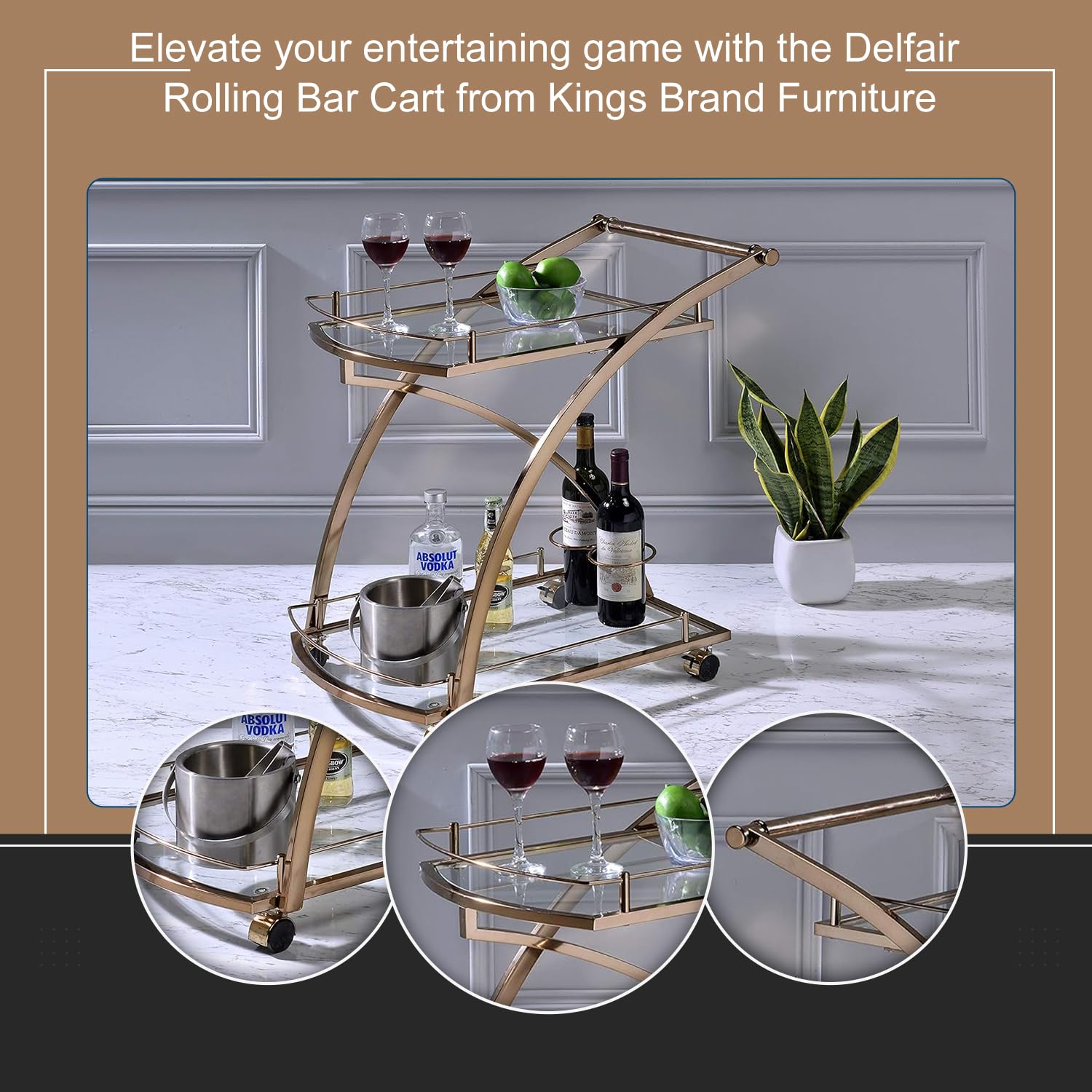 Rolling Bar Serving Cart with Glass Shelves and Wine Rack