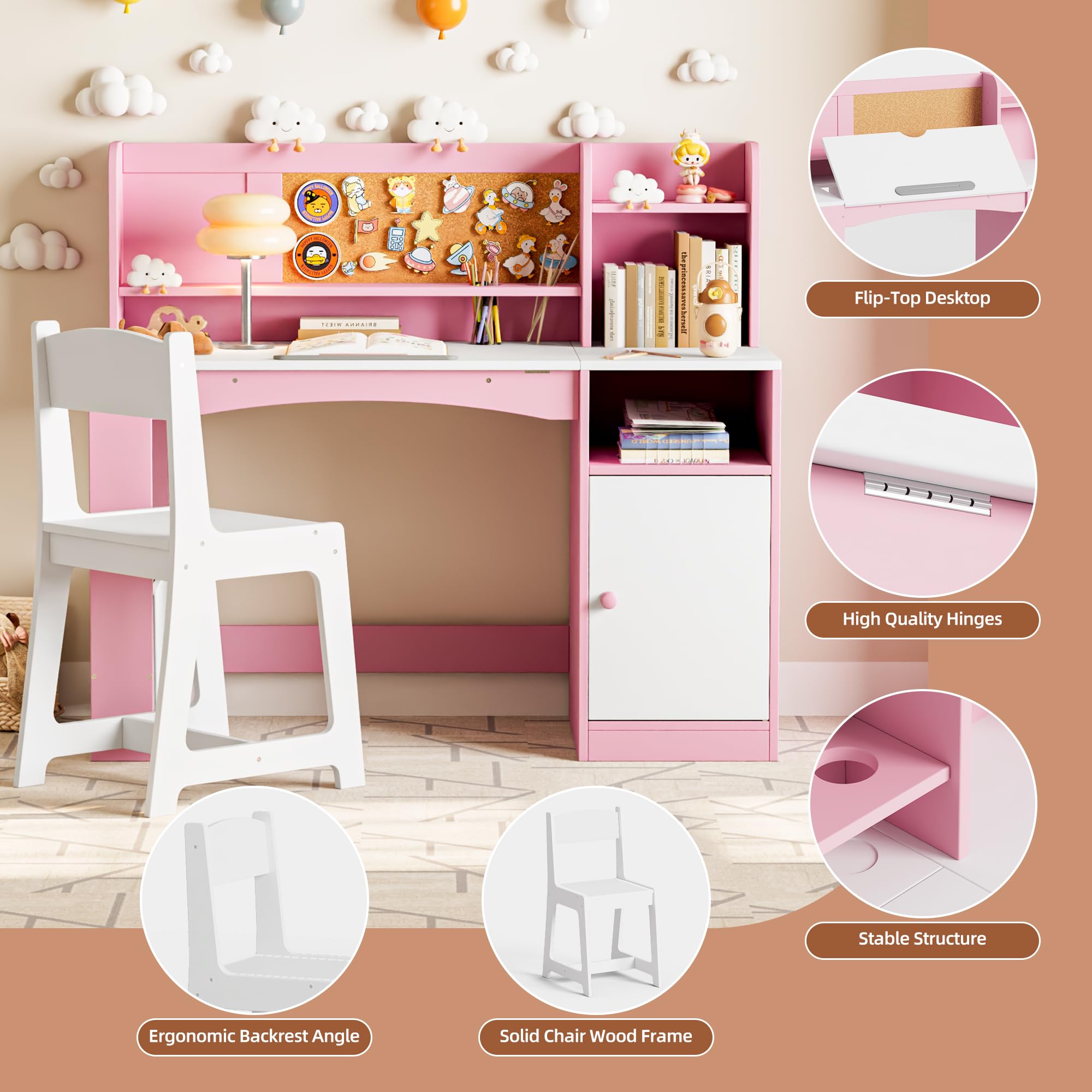 Betterhood Kids Study Desk and Chair Set, Kids Desks with Hutch Storage and Tiltable Desktop, Wooden Children Study Table for 5-12 Years Old Girls, Student Writing Desk for Bedroom (Pink)